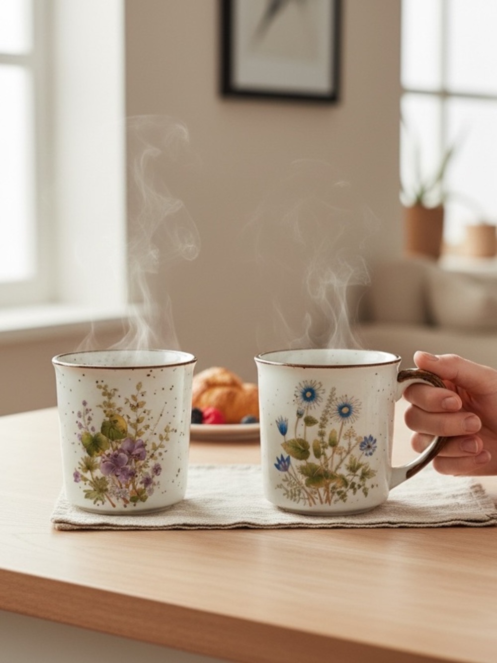 Floral Ceramic Mug Set in Cream with Blue & Purple Accents